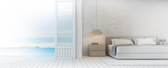 Sketch design of sea view bedroom with terrace in luxury beach house, Modern interior of pool villa - 3D rendering
