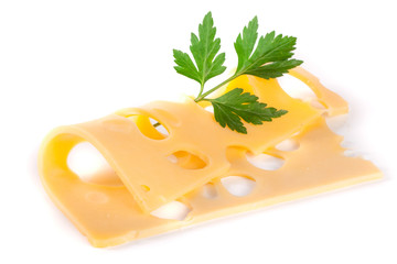 cheese slice with leaf parsley isolated on white background cutout