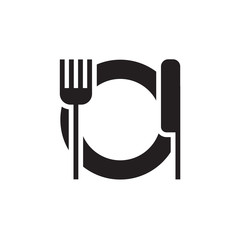 Vector icon or illustration showing plate, knife and fork in one color