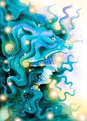 Valkyrie in a lion's mask and beautiful knightly armor, painted watercolor