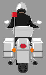 White classic police patrol heavy motorcycle with clear front windshield riding by police officer wearing white helmet back view graffiti street art style isolated vector illustration