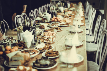 Table served with food and drink