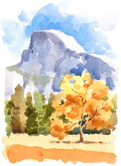 Watercolor Fall Landscape with Autumn Trees and Half Dome Mountain on the Background Hand Painted Nature Illustration