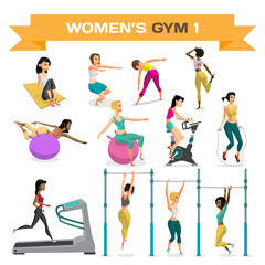 Set of women engaged in exercise in the gym. Part 1. Vector flat