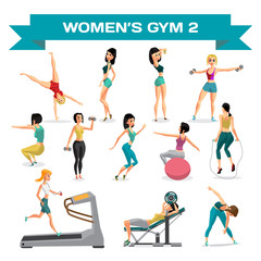Set of women engaged in exercise in the gym. Part 2. Vector flat
