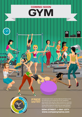 Template for a poster on the gym. Reception and  gymnasium. Woma