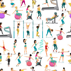 Fototapeta na wymiar Seamless pattern women doing fitness exercises in the gym. Carto