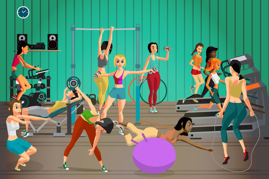 Women in sportswear are engaged in a gym. Vector flat cartoon il