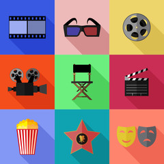 Set of simple cinema flat icons on color square background - 141831604