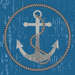 Old anchor with rope. Blue background. Vector