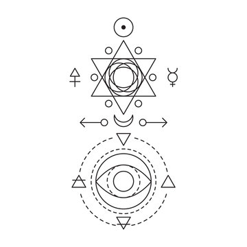 Symbol of alchemy and sacred geometry. Linear character illustration for lines tattoo on the white isolated background. Three primes: spirit, soul, body and 4 basic elements: Earth, Water, Air, Fire