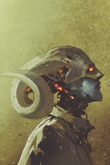 fantasy sci-fi character of human creature with curled horns,illustration painting © grandfailure