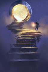 Obraz premium człowiek z latarnią chodzenia po kamiennych schodach prowadzących do bramy fantasy, malowanie ilustracji