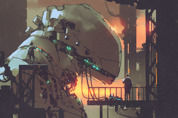 mechanicals repairing the giant robot in factory,illustration painting