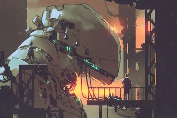 Foto auf Acrylglas mechanicals repairing the giant robot in factory,illustration painting © grandfailure