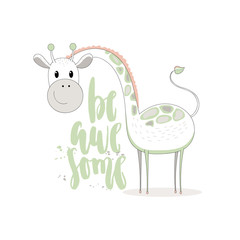 Funny smiling giraffe and inscription