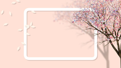 3d rendering picture of plum blossom tree. White rectangle frame with rounded corner. Falling...