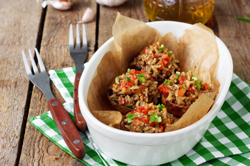 Stuffed mushrooms with rice and vegetables