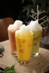 various fresh juice  on wooden table  과일쥬스