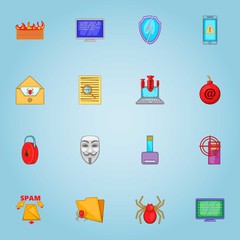 Viruses on computer icons set, cartoon style
