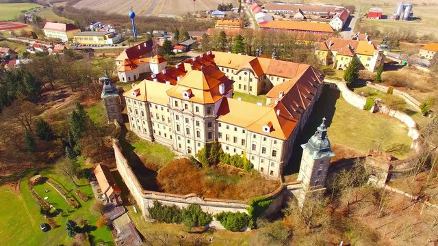 Aerial view to Premonstratesian monastery from 13th century. Famous location for filmmakers. Source of many world famed movies. Chotesov, Czech Republic, Central Europe. 