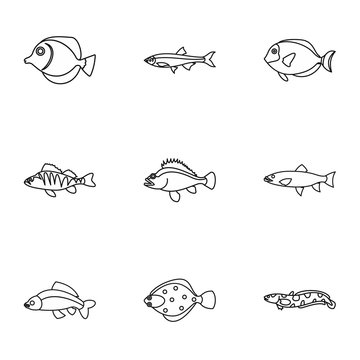 Ocean fish icons set, outline style