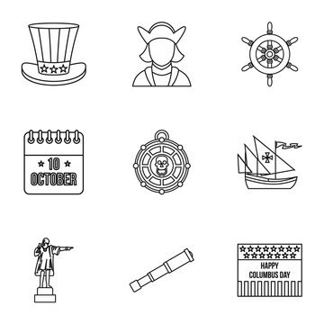 Columbus Day icons set, outline style