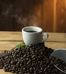 cup of coffee on the wooden table