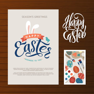Happy Easter Calligraphy Greeting Card Set. Hand Lettering. Holiday Greetings. Bunny Eggs and Chicken
