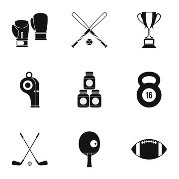 Sports stuff icons set, simple style