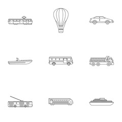 Trip on transport icons set, outline style