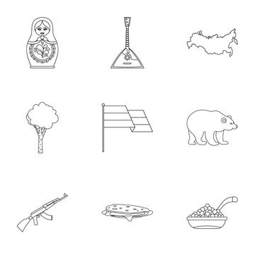 Tourism in Russia icons set, outline style