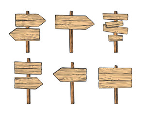 Hand drawn vector illustrations. Wooden signposts and sign boards. Wood arrows and planks. Perfect for websites, cards, posters, prints, blogs, advertising