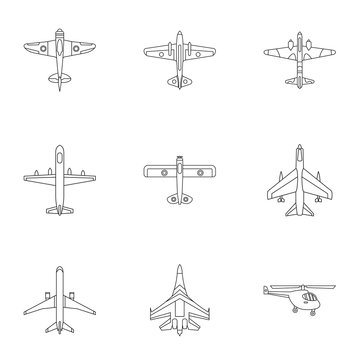 Combat aircraft icons set, outline style
