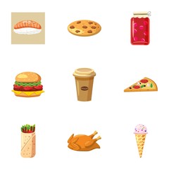 Junk food icons set, cartoon style