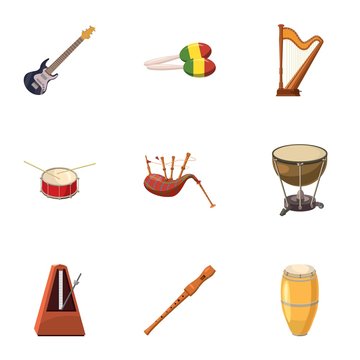 Tools for music icons set, cartoon style
