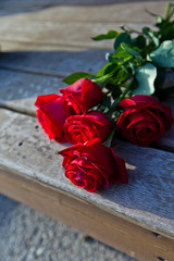 Forgotten gift - bouquet of red roses is luing on the wooden floor in a sun rays 