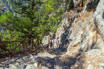 Trail in the Samaria Gorge, the largest gorge in Europe. Southwestern part of the island of Crete,...