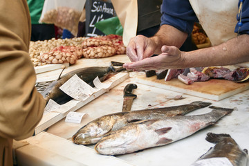 Fish stand at Atarazanas market in Malaga - obrazy, fototapety, plakaty