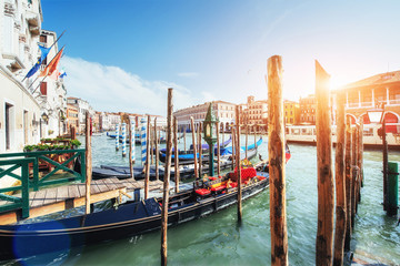 Gondolas on Grand canal in Venice, San Giorgio Maggiore church. San Marco.