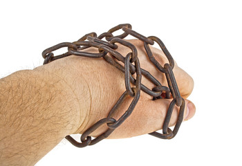 Rusty old chain bind hand, image on a white background