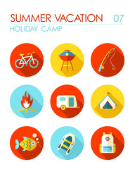 Summer camping flat icon set. Holiday