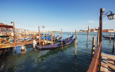 Gondolas on Grand canal in Venice, San Giorgio Maggiore church. San Marco.