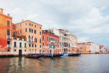Fototapeta na wymiar Venice Grand canal with gondolas and Rialto Bridge, Italy in summer bright day