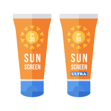 Flat Design Vector Sunscreen Bottles, Tubes Isolated In White Background.