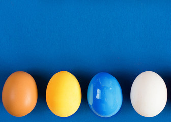 Happy Easter Card - space for text. Blue and yellow Easter eggs in nest on rustic wooden background, selective focus image 