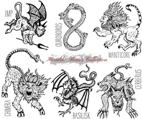 Hand drawn set with heraldic beasts and mythical monsters. Graphic vector illustration. Engraved line art drawings