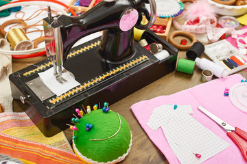 sewing accessories top view, seamstress workplace, many object for needlework, embroidery, handmade and handicraft