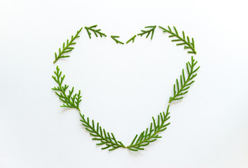 Heart of fir branches on white background. Flat lay, top view.