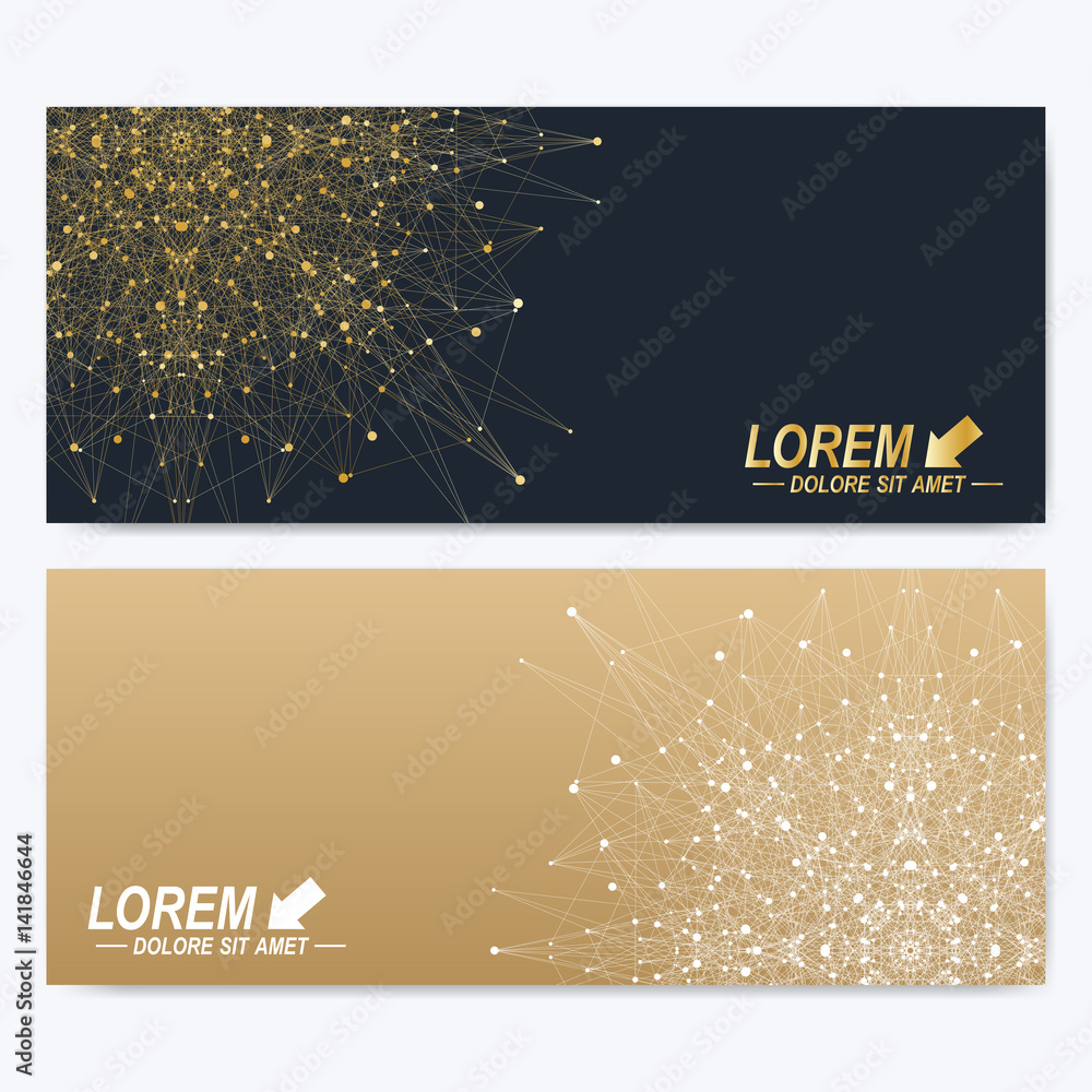 Poster modern set of ornate horizontal cards in oriental style. geometric abstract presentation with golden